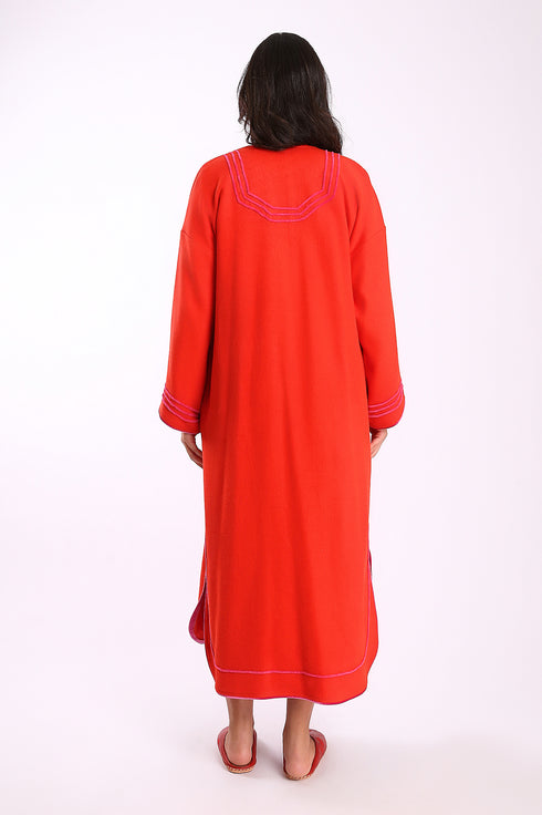 Embroidered long coat in cotton and viscose cashmere with pockets